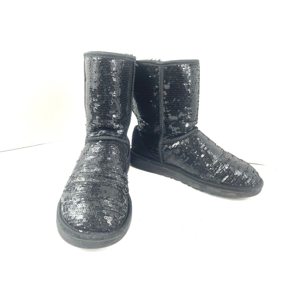 UGG Australia Classic Short Sequin Boots Women 8MShoes Black Sheepskin Shearling